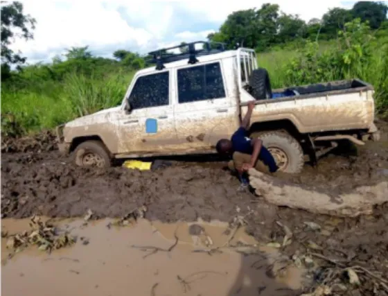 Figure 2. Showing the state of the road going to Musalangu GMA vehicle got stuck while delivering  questionnaire survey (Photo: Ephriam Lombe Mpika) 