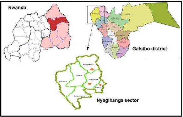 Figure 4: Maps of the study sites (adapted from the unpublished documents of Food for the  Hungry, 2019 and www.wikimedia.org/wikipedia/commons/b/bd/GatsiboDist.png)