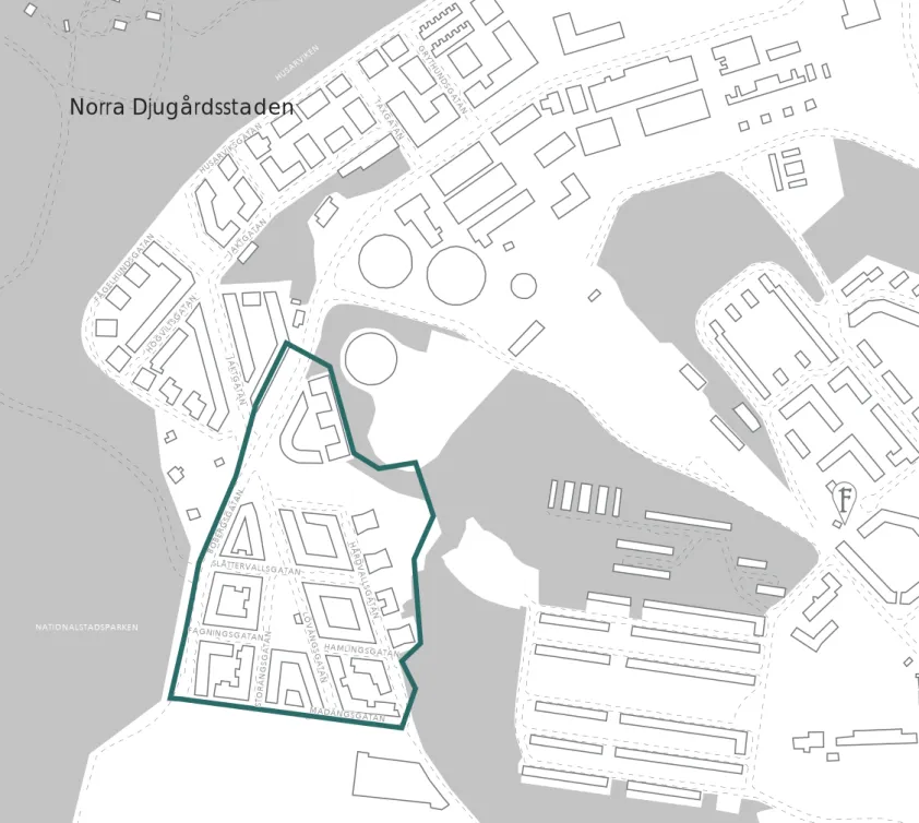 Figur 3. Karta över arbetsområdet i Norra Djurgårdsstaden. Stadsdelen  omgärdas av naturområden, däribland Nationalstadsparken och  Husarviken, som utgör en stor tillgång för de boende.