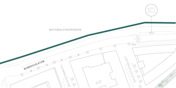 Figur 6. Plan över Bobergsgatan inom vårt arbetsområde vars gräns är markerat i mörkgrönt
