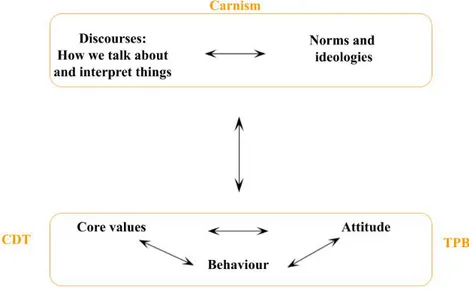 Figure 1. The figure shows the interactive relationship when making a decision between norms,  ideologies and how we talk with attitude, behaviour and our core values