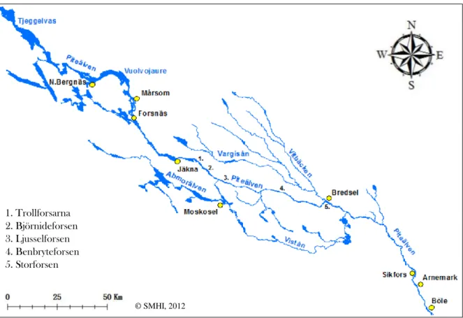 Figur 1. Bearbetad karta över studieområdet baserat på ”Pite älvs allmänna flottleder år 1963”