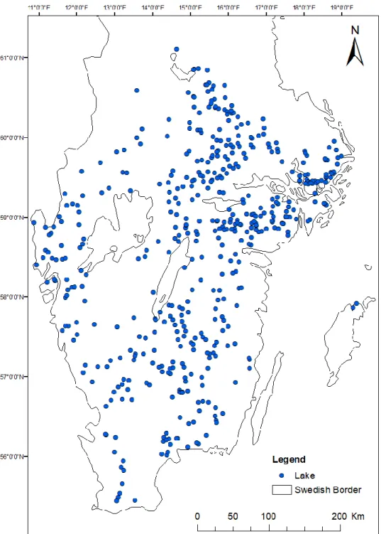 Figure 3. Location of the 487 investigated lakes in southern Sweden. Eight lakes are larger and consists 