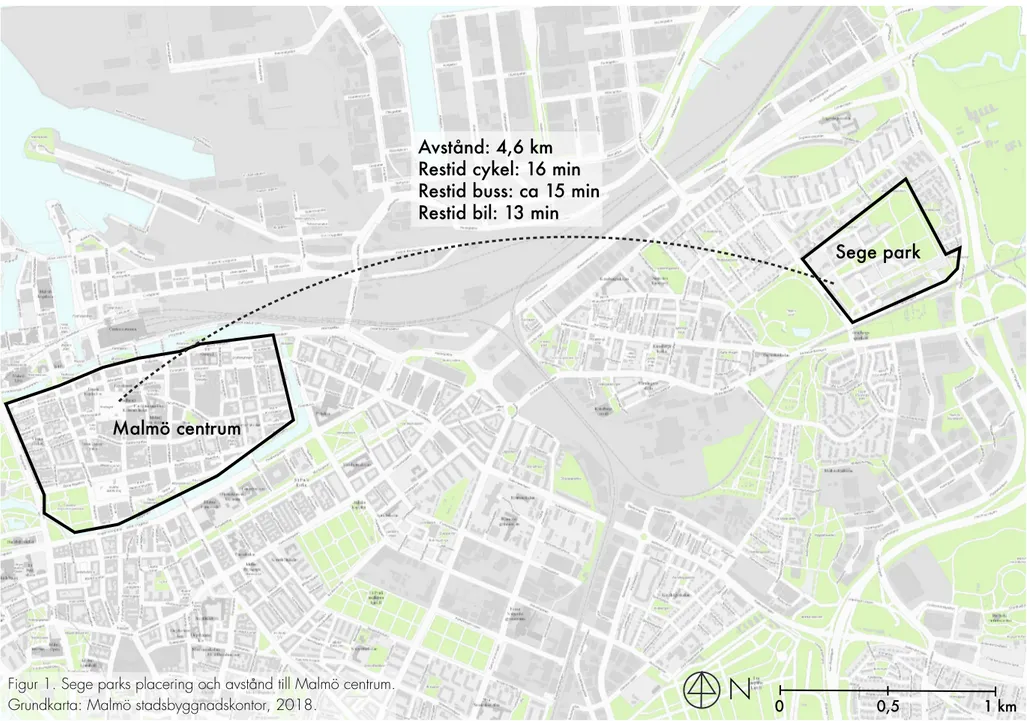 Figur 1. Sege parks placering och avstånd till Malmö centrum.  Grundkarta: Malmö stadsbyggnadskontor, 2018