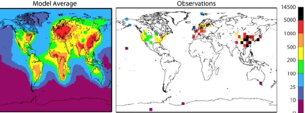 Figure 6. Surface concentration of black carbon for average of AeroCom models (left) and observa- observa-tions (right)