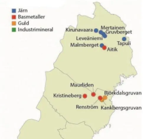 Figure 12. Mines in Northern Sweden in 2018. Järn = Fe, basmetaller = base metals, guld = gold, in- in-dustrimineral = industrial minerals (SGU, 2018)
