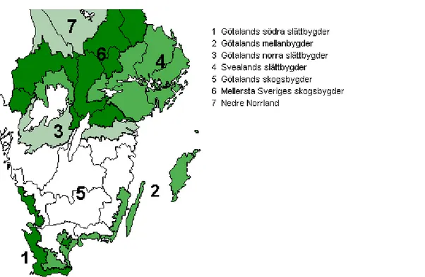 Figure 3. Production areas in southern Sweden (Jordbruksverket, 2018c) (own rendering) 
