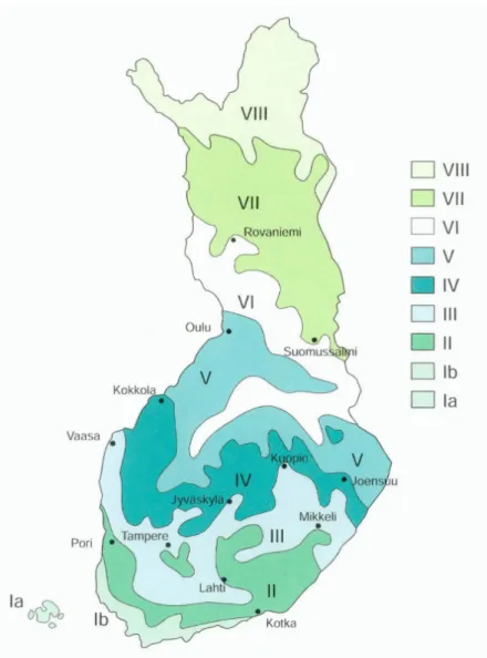 Figure 9. Map showing hardiness zones for woody plants in Finland  (Ilmatieteen laitos, 2011)