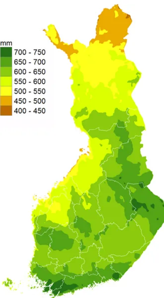 Figure 12. The mean annual precipitation in Finland during the period 1981- 1981-2010