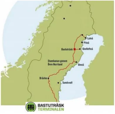 Figur 4. Kartbild över norra Sverige  som visar vart Bastuträsktermi-  nalen är placerad i förhållande  till Stambanan  i röd linje 