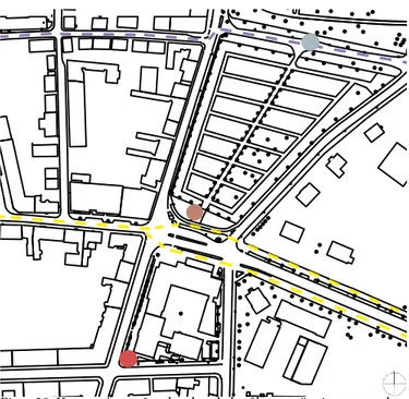 Figur 18. Kartan visar platsernas omgivning, befintliga grönstråk och  grönomåden. Ritningsunderlag Lunds kommun.