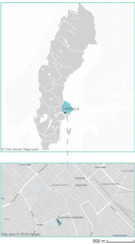 Figur 1 &amp; 2. Karta över arbetsytans läge i Sverige och sedan i Uppsala.Begreppsprecisering