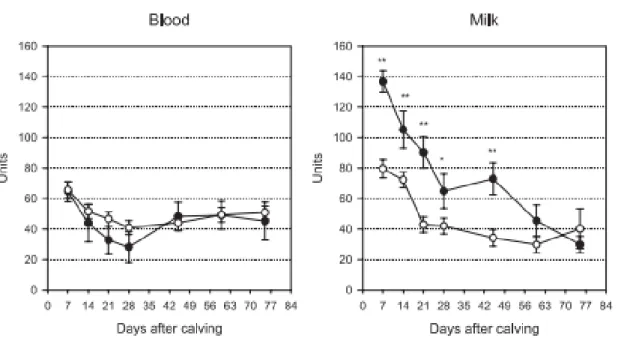 Figure 2: Distribution of NAGase in blood and milk from healthy (white) and IMI status (black) dairy cows (Piccinini et al., 2005).