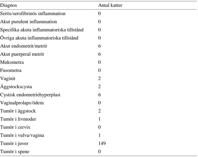 Tabell 2. Antal katter som diagnostiserats med sjukdom i reproduktionsorganen annan än pyometra 