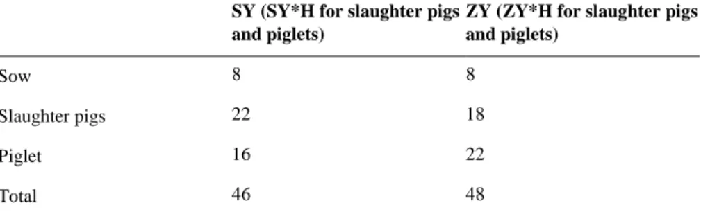 Table 1. Number of animals observed within each age category and line cross.  SY (SY*H for slaughter pigs 