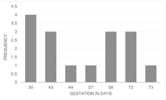 Figure 2. Frequency of sows (total number of animals of both lines) according to gestation in 