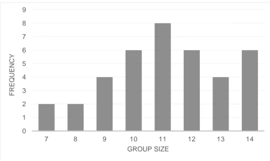 Figure 3. Frequency of piglets (total number of animals) in different group sizes (N=38)