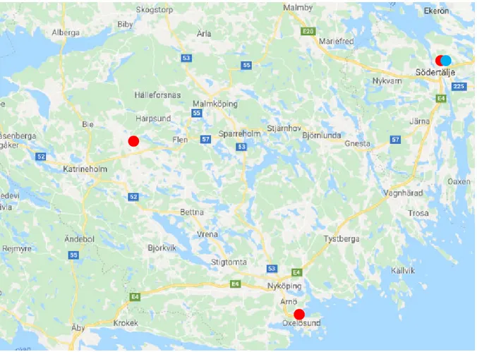 Figure 3: Location of the three SMHI weather stations. Weather stations used for 