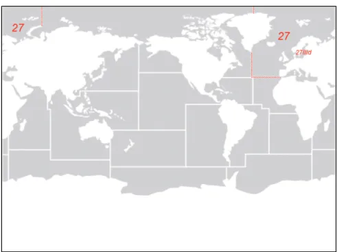 Fig.	2	Fångstzoner	i	världen,	med	fångstzon	27	utmärkt.Källa:	egen	bearbetning	(FAO,	UÅ)	