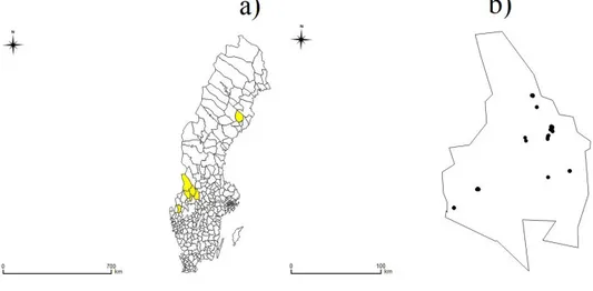 Fig. 1.  Geographic location of the sampling sites a) in municipalities included in the  study (yellow polygons) and b) in the county of Värmland where wood lemmings were  found-dead during population outbreaks in 2014 and 2017 (black dots)
