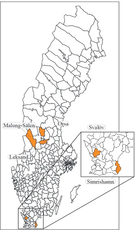 Figur 2. Karta över fallstudiekommuner. Kartunderlag: SCB 