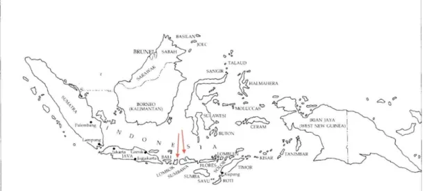 Figure 1. Indonesia with two arrows pointing out the islands of Lombok and Sumbawa, modified by me, source:  https://maps-indonesia.com/indonesia-map-black-and-white 