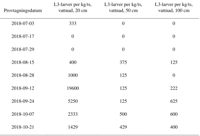 Tabell 4. Antal L3-larver av blodmask per kilo torrsubstans gräs vid de utmätta vattnade punkterna i  delstudie 2  Provtagningsdatum  L3-larver per kg/ts, vattnad, 20 cm  L3-larver per kg/ts, vattnad, 50 cm  L3-larver per kg/ts, vattnad, 100 cm  2018-07-03