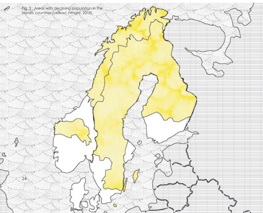Fig. 2  : Areas with declining population in the  Nordic countries (yellow) (Wright, 2018).