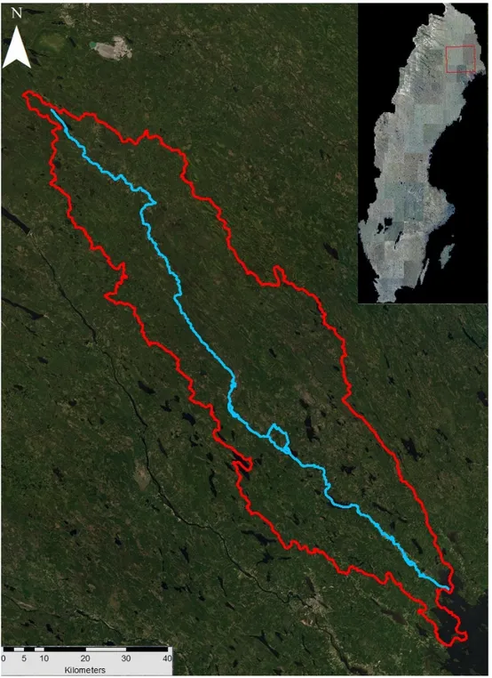 Figure  1 . Project area showing the Råne River and the catchment area (red border )