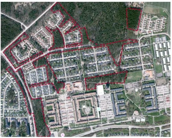 Figur 3. Områden på Bjurhovda i Västerås som gallrades i januari 2019. Området längst 