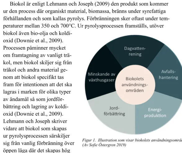 Figur 1.  Illustration som visar biokolets användningsområden.  (Av Sofie Östergren 2019)