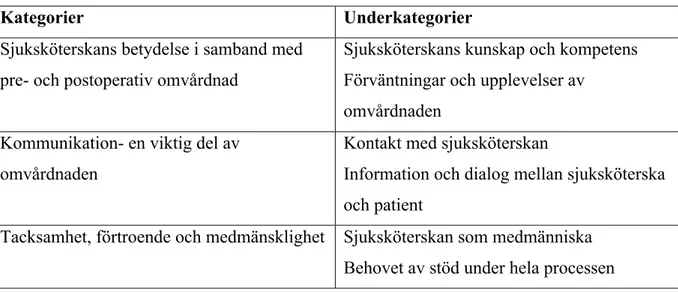 Tabell 1. Sammanställning av kategorier och underkategorier. 