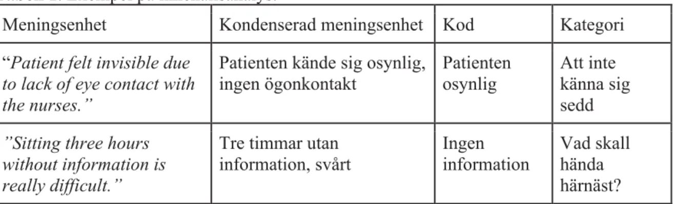 Tabell 1. Exempel på innehållsanalys. 