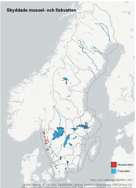 Figur 1. Karta över skyddade områden enligt fisk-och musselvattenförordningen 