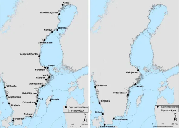 Figur 1.  Provfiskeområden i den svenska kustfiskövervakningen enligt övervakningsprogrammet 2019