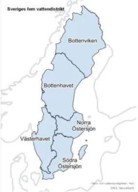 Figur 3. Sveriges fem vattendistrikt som statusbedömningen i denna rapport baseras på