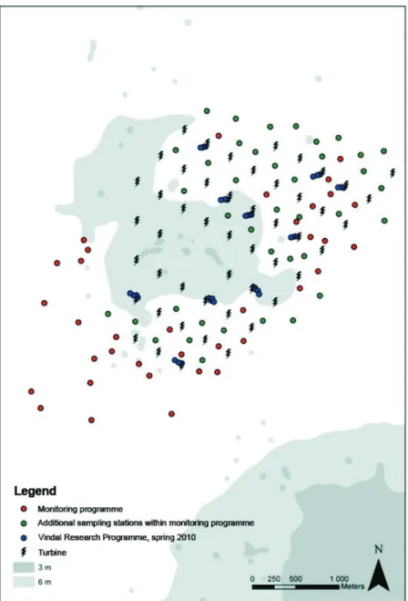 Figure 13. The stations that were sampled using fyke nets at Lillgrund in 2010. The 36 stations  that were sampled within the monitoring programme are represented as red dots