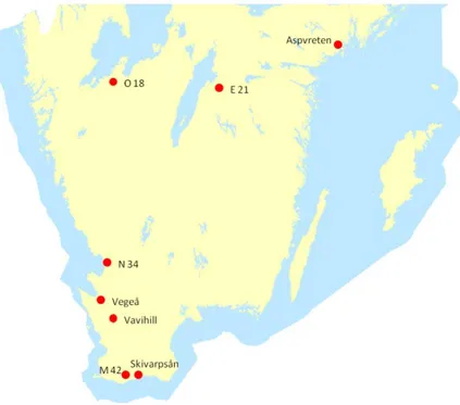 Figur 1. Karta över södra Sverige med provpunkter markerade. Till typområdena   räknas Västergötland (O 18), Östergötland (E 21), Halland (N 34) och Skåne (M 42)