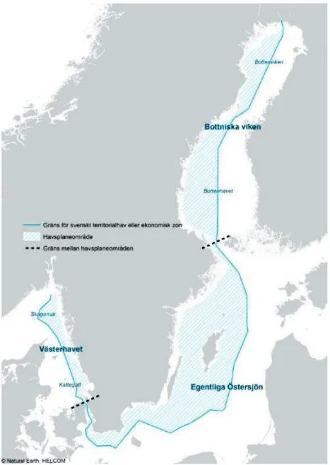Figur 2. Svenskt territorialhav och ekonomisk zon samt uppdelning mellan havs-  planeområden
