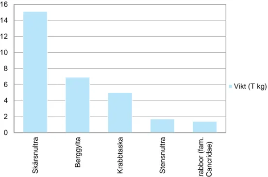 Figur 2. De fem vanligaste fångsterna i fälla/ryssja för yrkesfisket 2012 i Skagerrak, angett i  vikt för det totala antalet