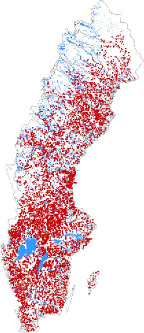 Figur 1. Dammar i Sverige enligt SMHI:s dammregister.   Figur från Johan Kling, Havs- och vattenmyndigheten.