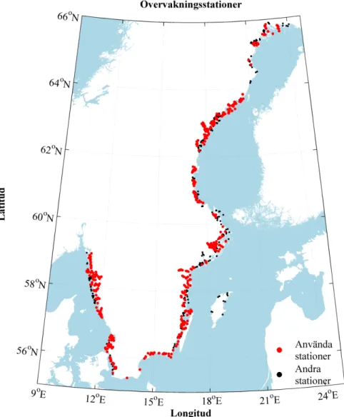Figur 1. Övervakningsstationer i den Svenska kustzonen. Röda stationer  används i rapporten medan svarta stationer hade för dåligt dataunderlag för  att anses användbara