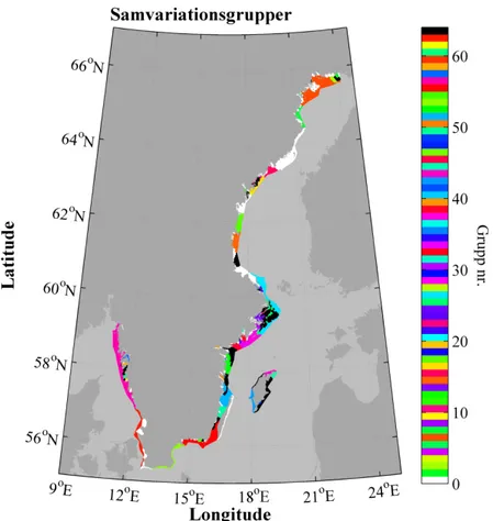 Figur 5. Karta där samvarierande grupper visas med olika färger. Svarta  områden visar att vattenförekomsterna tillhör flera samvarierande grupper  och vita områden att de vattenförekomsterna inte tillhör någon 