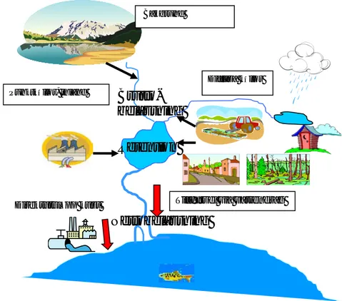 Figur 1 Schematisk översikt över utsläpp till vatten från olika källor samt  bruttobelastning och nettobelastning.