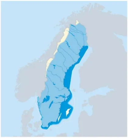 Figur 2. Utbredning för sik. Olika nyanser av blått anger utbredning i sött-, salt- och  brackvatten