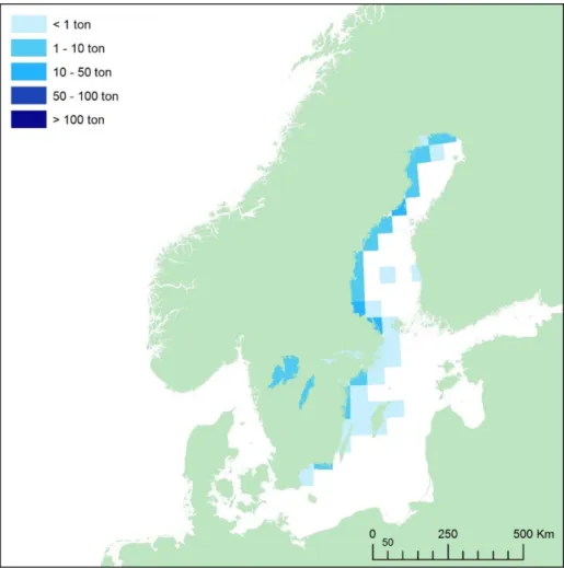 Figur 4. Svenska yrkesfiskares huvudsakliga landningar i ton per ICES-område och sjö av  sik 2016