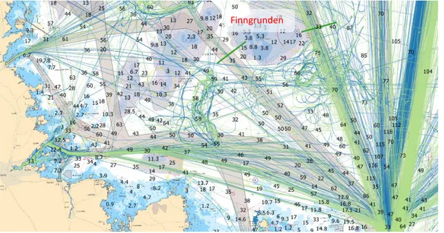 Figur 2.27. Nulägesbild av fartygstrafiken vid Finngrunden baserat på AIS-data från september 2016