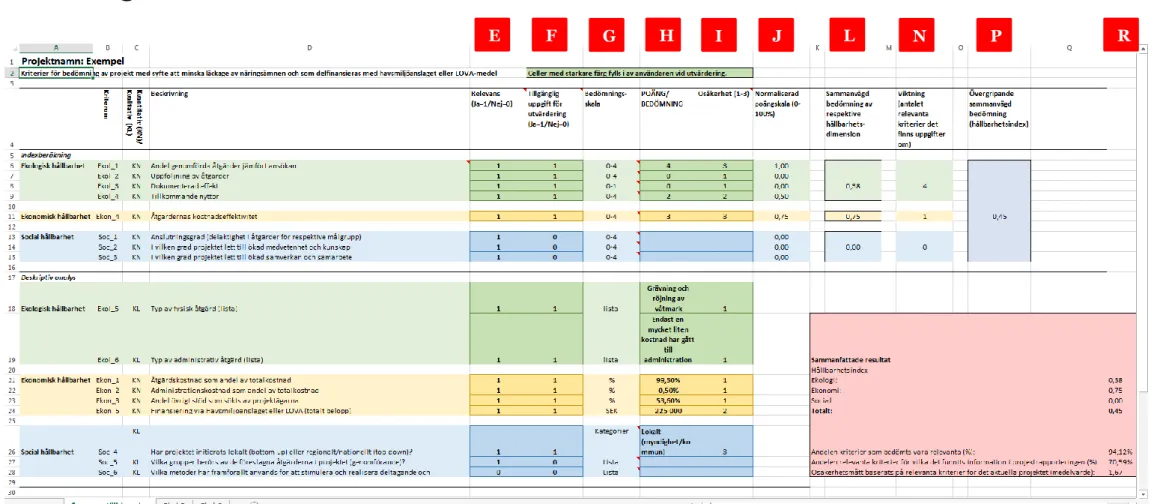 Figur 6. Excelark för projektutvärdering (utvärderingsmall)