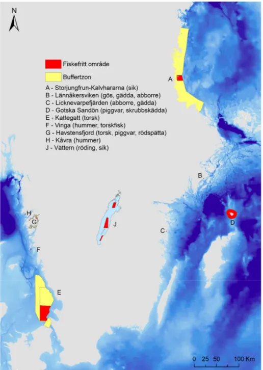 Figur 1. Karta över Sveriges fiskefria områden i kust- och utsjöområden.  