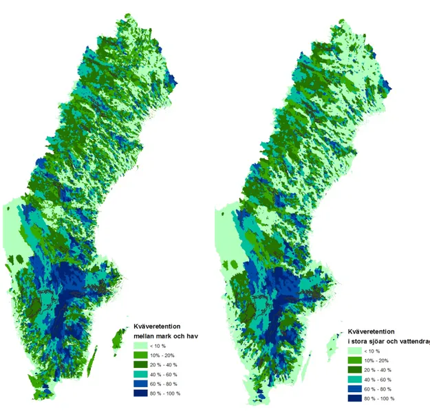 Figur 19. Kväveretention mellan mindre diken till kustvatten (vänster) samt stora sjöar och vattendrag till  kustvatten till höger för perioden 1997–2016